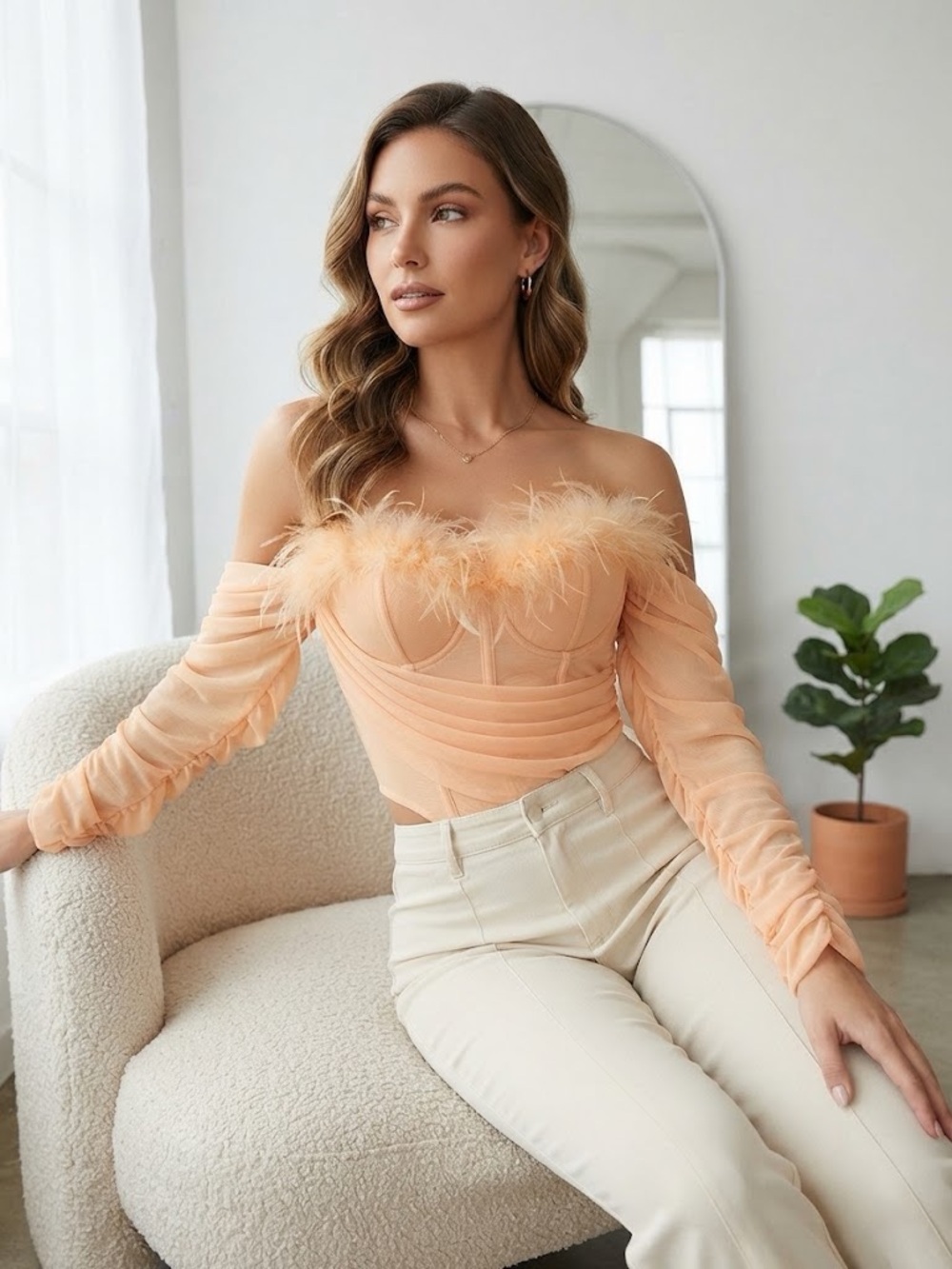 ASOS Peach Feather-Trim Bandeau Bodysuit